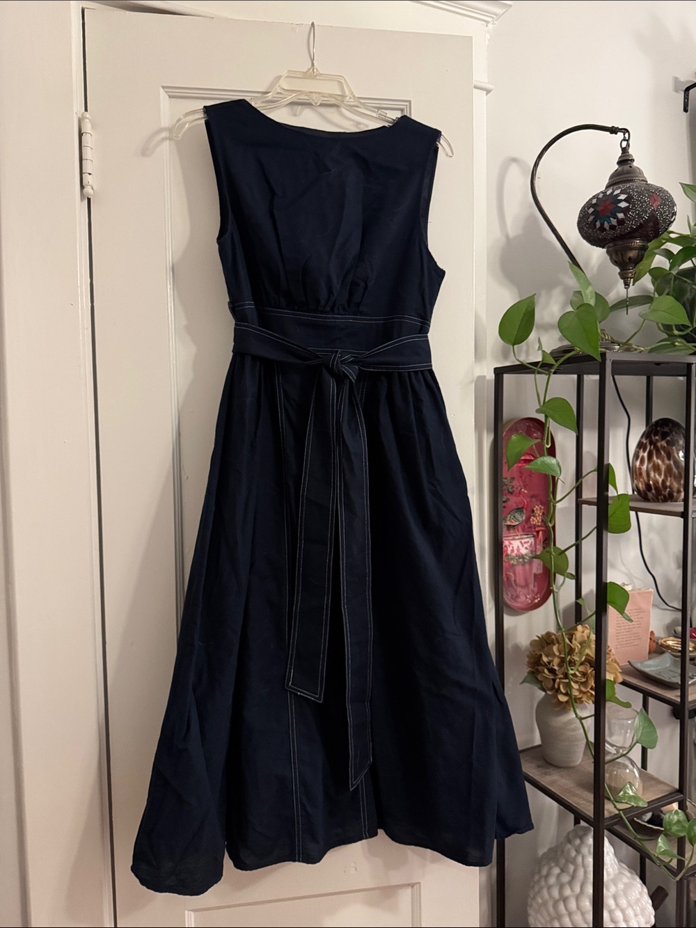 Commense Navy Maxi Dress with Contrast White Stitching and Tie Belt - Picture 2 of 3